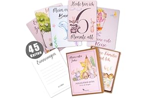 Pikaflor 45 Meilensteinkarten Baby Mädchen (handgemalte Tiere Deutsch) Meilenstein Karten Set mit Geschenkbox + Schönes Geschenk zur Geburt, Taufe & Babyparty
