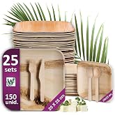 Waipur Palm Leaf Disposable Plates with Cutlery for 25 Person | Set of 25 Large Plates, 25 Dessert Plates, 50 Forks, 25 Knive