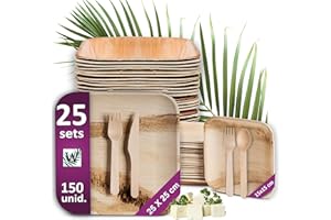 Waipur Platos Desechables de Hoja de Palma y Cubiertos de Madera - 25 Grandes y 25 de Postre, 50 Tenedores, 25 Cuchillos y 25 Cucharas - Vajilla Ecológica - Elegantes para Fiestas - similar al Bambu