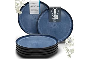 PURE LIVING INTERIOR DESIGN Juego de 6 Platos Grandes de Gres Ibiza - Elegantes Platos para Comida, Apto para Lavavajillas y Microondas - Set de Vajilla para 6 Personas - Pure Living en Negro y Azul Profundo