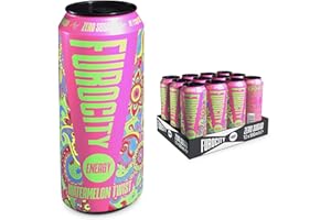 Furocity Sugar Free Energy Drink, Watermelon Twist, 157mg Caffeine, Low Calorie, Zero Sugar, High in Vitamins C, B6, B12, Taurine, Vegan, 12 x 500ml Cans