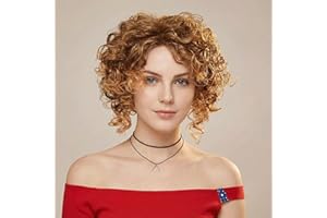 AIYLMZ Parrucche Capelli Corti Piccoli Ricci per Donna, Parrucche Capelli Ondulati Sintetici Ricci Morbidi Moda per Donna, per Cosplay Festa Uso Quotidiano (Castano Ombre Biondo)