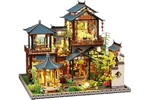 SHYLAMB DIY Book Nook Kit - DIY Miniature Dolls House Kit with Furniture and LED Light, 3D Puzzle Wooden Art Bookends, Model Kits for Adults to Build (Yayun Lanting)