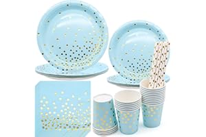 INHEMING Zestaw naczyń imprezowych w kolorze niebieskim i złotym, 80 sztuk papierowych talerzy, serwetek, kubków papierowych, słomek, na baby shower, urodziny, jubileusze (20 gości)