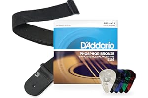Pacchetto chitarra acustica D'Addario, contenente; Corde per chitarra EJ16 Regular Light, cinturino in Polypro nero, plettri per chitarra in celluloide assortiti