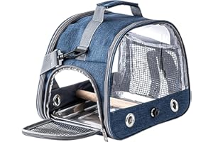 JUBEPK Cage de voyage pour oiseaux, sac de transport pour oiseaux avec bandoulière, sac de transport portable pour petits animaux, 33 x 24 x 26 cm, idéal pour perruches, conures en plein air, gris, bleu,
