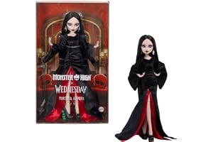 Monster High x Wednesday Morticia Addams-docka | Samlardocka i svart och karmosinröd sammetsklänning med smycken, serieinspir