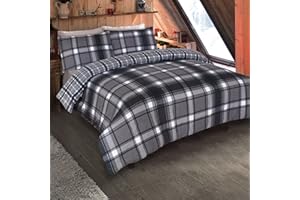 Dreamscene Double Duvet Cover Set 100% Brushed Cotton, Super Soft Warm Grey Aspen Check Bedding Reversible Tartan Flannelette Thermal Quilt Double Duvet Set with Pillowcases