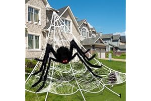 AMLOOPH Large Halloween Decorations Outdoor Spider Web Scary Props -79’’ Black Spiders, 275’’ Triangular White Giant Spider Web, Stretch Cobwebs, Plastic Fake Spiders For Halloween House Decorations