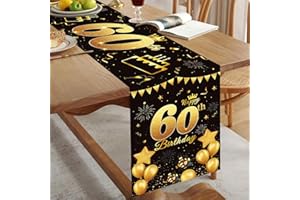 DOMGOGE Happy 60th Birthday Table Runner Black Gold 60th Birthday Table Runner for Men Women 60 Years Old Birthday Anniversary Celebration Party Non-Slip Dining Table Linen Cloth Decorations, 180x35cm Long