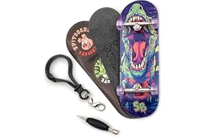 SPITBOARDS 32 * 96 mm Fingerboard Complete Wood Set-Up Assembled, 5 Capas, Silver Trucks with Bushings and Nuts, Transparente CNC Bearing Wheels, Lasered Foam Grip Tape Green T-Rex