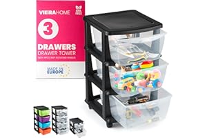 VIEIRA HOME Tour de Rangement Plastique 4 tiroirs | Meuble Rangement à Tiroirs en plastique sur roulettes caissons | Tiroir Rangement bac plastique noir boite - 63x40cm - Fabriqué en Europe (3 tiroirs)