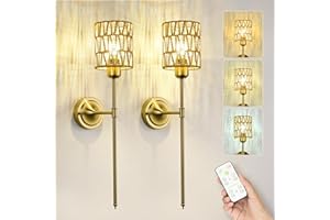 JACKYLED Rechargeable Wall Lights with Remote and Timer, 5400mAh Large Battery Operated, 3 Colour Temperatures 3000K/4500K/6000K, Dimmable Wireless Wall Lights (Rattan)