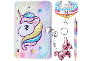 WERNNSAI Ensemble de cahier de licorne en peluche - Cahiers pour filles Agenda privé Broderie Voyage scolaire bloc-notes Stylo Gel Porte-clés Bracelets Serrures Clés Cadeau de Noël d'anniversaire
