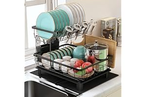 ‎MAJALIS MAJALiS Abtropfgestell Geschirr, 2-Stufiges Geschirrabtropfgestell mit Abtropfschale und Abtropfmatte, Edelstahl-Abtropfgestell mit Utensilienhalter, Drehbarem Auslauf, Schwarz