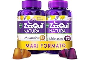 ZzzQuil Natura Gummies de Melatonina 1mg con Valeriana, Complemento Alimenticio para dormir sabor Frutos del Bosque y Mango y Plátano, 2x72 Gummies