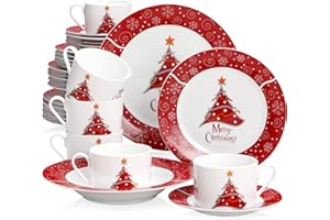 VEWEET, Series Christmastree, Porcelain Combination Set, 30-Piece Dinnerware Service Set for 6 Person, with Cup Saucer Dessert Plate Soup Plate and Dinner Plate, Christmas Holiday