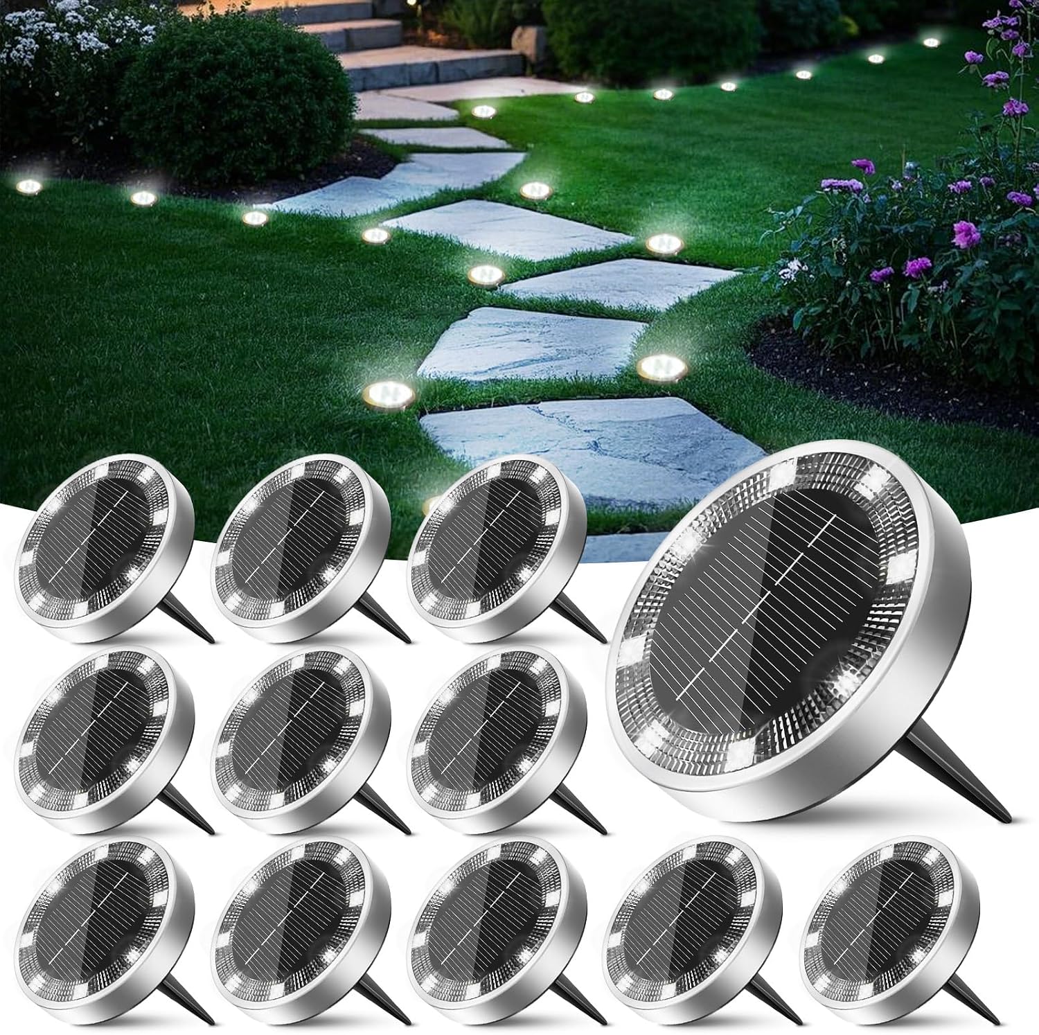 Peasur 12 Paquetes Luces Solares LED Exterior Jardin Suelo,8 LED Luz Solar Exterior Jardin, IP65 Impermeable Luces Solares para Patio, Camino, Césped, Blanco Frío