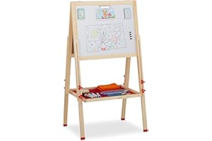 relaxdays Tableau Droit Enfant Blanc et pour Craie, réglable en Hauteur, chevalet en Bois, 102-135 x 55 x 52 cm, Nature, métal