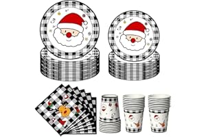 Nkaiso Set Stoviglie di Natale, 64 Pezzi Completo di Articoli in Carta - 16 Piatti da 9", 16 Piatti da 7", 16 Bicchieri, 16 Tovaglioli per Decorazioni Tema Natalizi - per 16 Ospiti