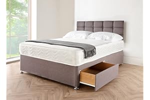 BEDSLAND DECORE 4U LTD 4FT Grey Linen Look Divan Bed Set with Headboard and 10" Spring Memory Foam Mattress – 2 Drawers (Small Double Bed (120cm X 190cm))