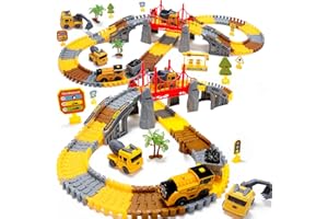 EagleStone Konstruktions Rennbahn Set für Kinder 206 Teile Flexibles Spielzeuggleis mit 1 Elektrischer Bahn Bagger Kipper Betonmischer DIY Eisenbahnspielzeug Construction Vehicle Track