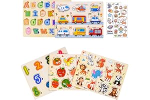 KIMIGO 5 pcs Puzzles en Bois pour Enfants,Puzzles Jouet Éducatif Montessori,Puzzle en Bois Bébé,Alphabet Nombre Forme Véhicules Fruit Animal Jeuets Educatifs Apprentissage pour Bébés 1 2 3 Ans