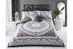 Sleepdown Duvet Cover Set - Black Grey - Paisley Mandala Geometric - Abstract Reversible Quilt Cover Easy Care Bed Linen Soft Cosy Bedding Sets with Pillowcases - King (220cm x 230cm)