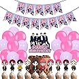 Party Propz BTS Birthday Decorations - 52 Pcs, Birthday Decoration Items For Girls | Happy Birthday Decorations For Girls | Pink & Purple Metallic Balloons For Decoration With Cake Topper