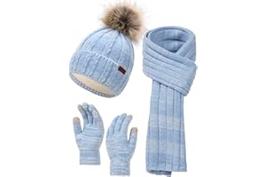 NATUST Women Hat Scarf Gloves Set Winter Thicken Knitted Beanie Soft Long Scarf Touchscreen Gloves