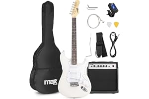 MAX GigKit - kit guitarra electrica de iniciación, amplificador de 40w, funda de transporte, afinador, cuerdas, palanca tremolo, correa, 2 púas, cable de 3m, Color Blanco