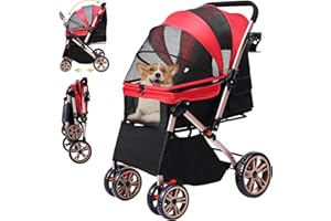 DWVO Hundebuggy 3 in1 Hundebox Transporttasche, Faltbar klappbar Katzenwagen Bis 22kg, 360° Verschleißfeste EVA-Räder, Ablagekorb, Netzfenstern, 58,5x76x105cm, hundewagen für kleine hunde (Rot)