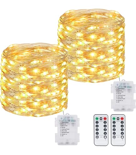 Collazoey Lichtsnoer op batterijen, 15 m, 150 leds, USB-oplaadbaar, voor binnen, met afstandsbediening en timer, 8 modi, voor Kerstmis, bruiloft, tuinfeest, 2 stuks