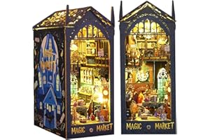 RONSTONE DIY Book Nook Kit with LED Light,3D Wooden Puzzle Dollhouse of Magic Market, Mini Miniature House Kit Bookshelf Insert Decor, Mini Doll House Creativity Gift for Adults Teens