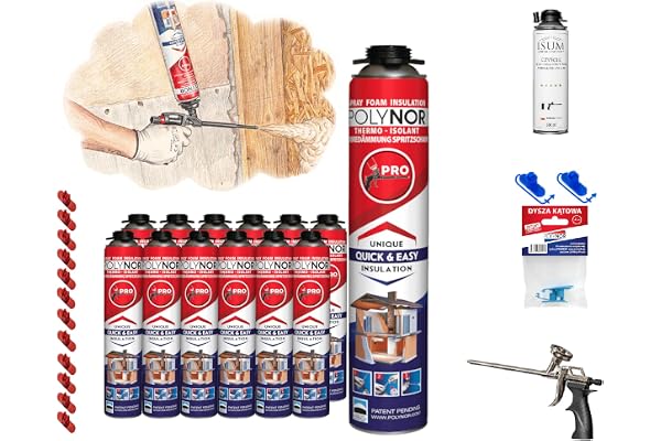 POLYNOR PUR-värmeisolering i burk PRO – Komplett set med 28 delar – 12 skumpatroner – Skumpistol – Sprutbar värmeisolering – Isolering av väggar, tak, innertak och rör – Aerosolburk 750 ml