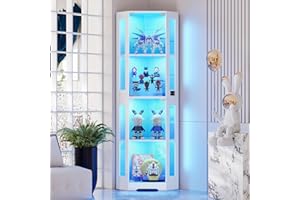 BROTTAR Corner Glass Display Cabinets with Lights, Corner Bookshelf Unit with Human Sensor, Kitchen Cupboard Storage with Magnetic Lock for Study, Office, Living Room, Bedroom, Kitchen, White