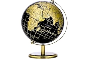 Exerz Globe Terrestre Noir et Doré 14cm, Carte en Anglais, Mini Globe, Arche et Base en Bronze, Décoration Élégante et Outil d’Apprentissage