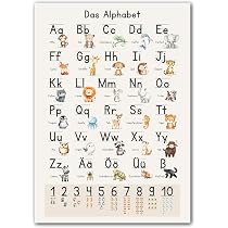 Poster Alphabet Enfant 30x40 Cm - Apprendre à écrire Lettres Et Chiffres Avec Animaux, Flèches Et Rouleaux En Bois | Décoration Chambre Et école