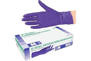 SF MEDICAL PRODUCTS GMBH SF Nitril rękawiczki jednorazowe fioletowe/fioletowe, 100 sztuk/pudełko, rękawice nitrylowe, rozciągliwe, jednorazowe rękawiczki z nitrylu, bez talku, lateksu, odporne na pękanie, gumowe rękawiczki,