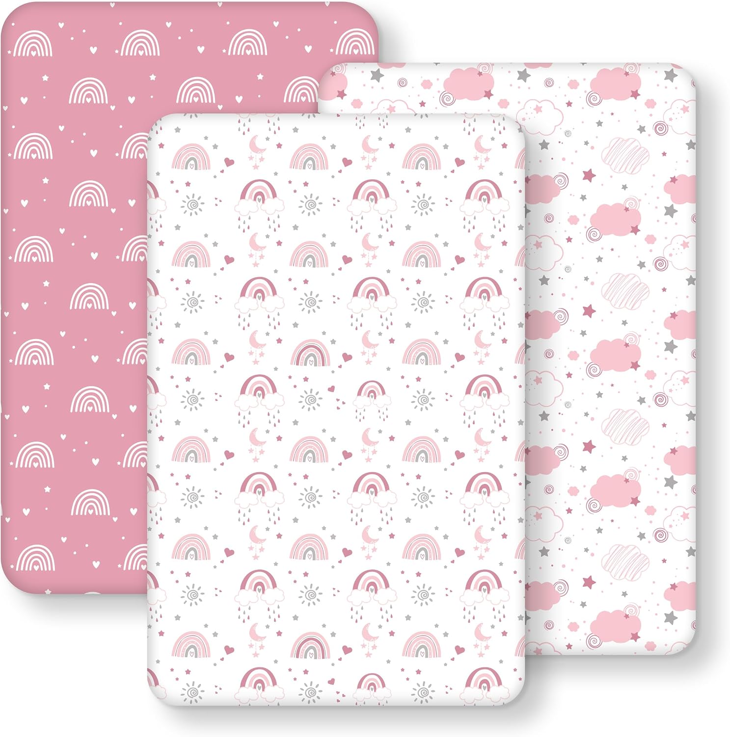 FIEMOL Next to Me Crib Sheets 85x51cm Fitted, 3 Pack Baby Cot Sheets, Ultral Soft & Silky Smooth Microfiber Bedside Crib Fitted Sheets Pink Rainbow