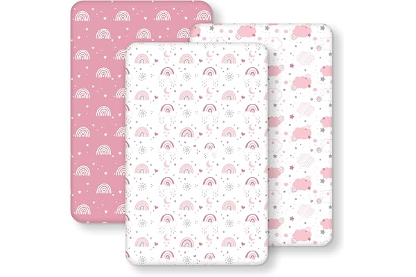 FIEMOL Drap Housse Cododo 50x83 cm, Lot de 3 Microfibre Ultra Douce et Lisse Élastique sur Tout Le Tour - pour Matelas de Lit Berceau de 50x80 cm à 55x90 cm, Arc-en-Ciel Rose