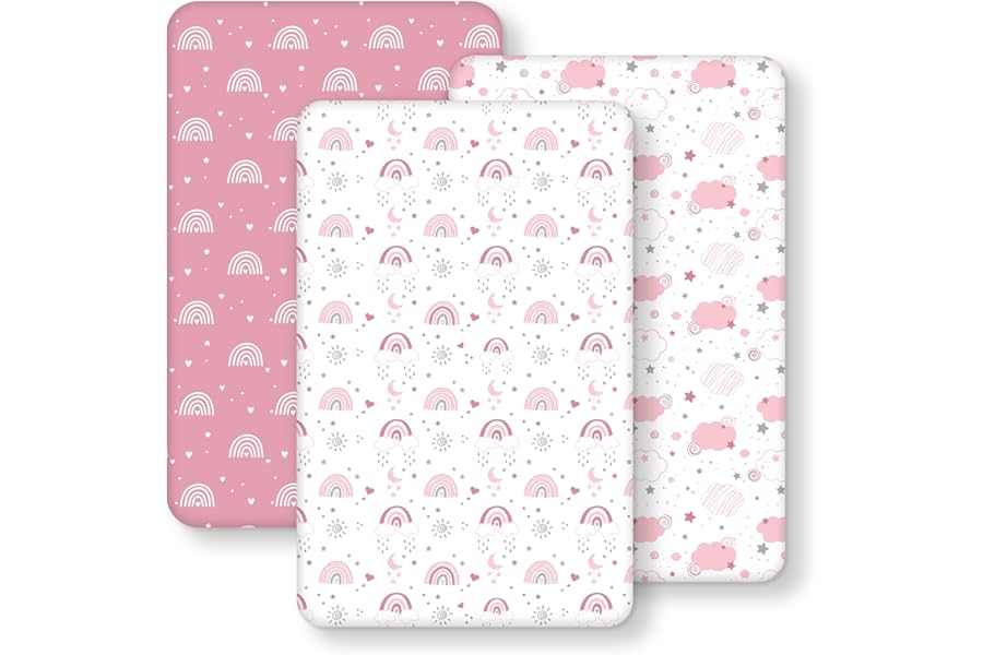 FIEMOL Next to Me Crib Sheets 85x51cm Fitted, 3 Pack Baby Cot Sheets, Ultral Soft & Silky Smooth Microfiber Bedside Crib Fitted Sheets Pink Rainbow