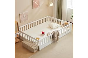 ‎LALAHO LALAHO 2-in-1 Bodenbett Montessori-Kinderbett mit freiem Türrahmen, Herausfallschutz & Lattenrost, Gitterbett – Kinder-Jugendbett Einzelbett, weiß 140×200 – bis zu 300 kg Tragfähigkeit, umbaubar