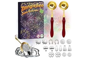 DADAPANGHU Zinngießen Set mit 2 Löffel und 16 Figuren, Gesunde Alternative zum Bleigießen Set und Wachsgießen Silvester Spiele mit Deutungen, Premium Zinn Giessen Wahrsagerei-Partyspiel Silvester Deko