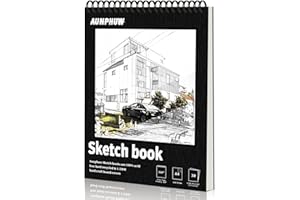 Aunphuw A4 Zeichenblock Skizzenbuch Spiralbindung, 160gsm Blanko Skizzenblock Spiralgebundenes Zeichenblock mit Strapazierfähiger Hartfaserplatte Säurefreies für Kinder Erwachsen, 60 Seiten