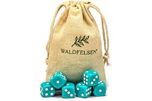 Waldfelsen Lot de 6, 12, 20, 30 ou 50 dés de haute qualité de taille standard de 16 mm en acrylique - Dés de jeu Dice à 6 côtés - Accessoires de jeu avec sac en tissu (turquoise, 6 pièces)