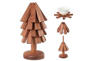 Lambluefly Dessous de Plat Bois, Ensemble de Dessous de Plats avec 4 sous Plat + 1 Support, Dessous de Plat Original Pliable, sous Plat de Table pour Poêles, Casseroles, Couverts et Tasses (20cm)