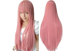 IMISSU 80cm Parrucche cosplay di capelli naturali lunghi e lisci con frangia Parrucca colorata per feste in costume di Halloween per ragazza (Pink)