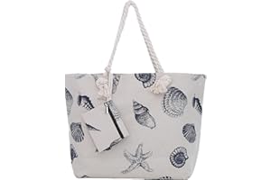 DONDON Bolsa de playa grande con cremallera 58 x 38 x 18 cm diseño marítimo almeja color natural shopper bolsa de hombro estilo de yate (yacht style)