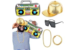 JORAKI Zestaw kostiumów hip-hopowych w stylu lat 80-tych i 90., fajne stroje rapera, akcesoria z kapeluszem hip-hopowym, nadmuchiwane pudełko radiowe, złoty łańcuszek, złota bransoletka i okulary